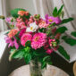 bouquet with basil and zinnias and cosmos